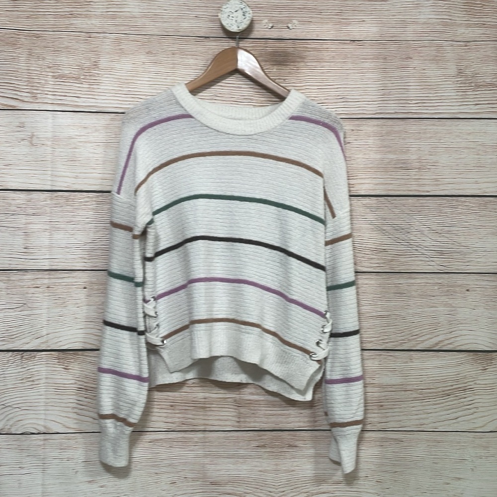 SO Women's Medium Cream Multicoloured Stripe Knit Sweater